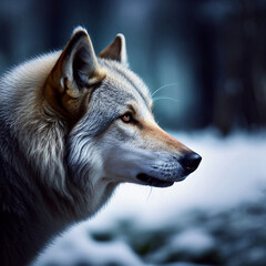 Close up wild animal wolf with winter background, created with generative AI technology