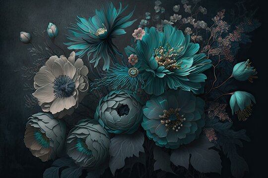 Subtly textured teal painted flowers dark moody background. Generative AI AIG15.