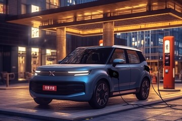 small electric car mini EV style charging at station in the city or countryside