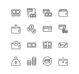 Set of payment method related icons, cash money, coins, credit card, wallet, bank check, cashless pay, receipt, contactless purchase and linear variety vectors.