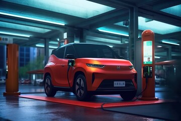 small electric car mini EV style charging at station in the city or countryside