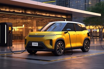 Fototapeta premium small electric car mini EV style charging at station in the city or countryside