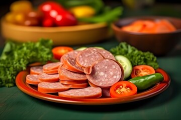 Traditional Vietnamese food, pork sausage or pork bologna with pepper, lemon and salt sauce on colorful background. AI Generated.