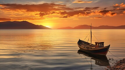Fototapeta na wymiar Dramatic sunset with boat on beach, Generative AI