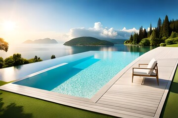 Fototapeta premium Swimming pool with a view of the lake and mountains, Generated AI