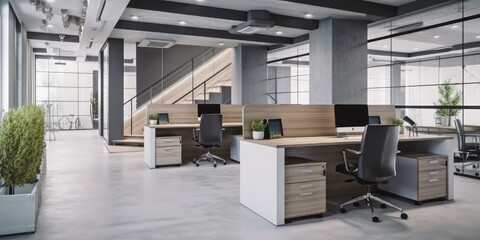 Modern office space with tables and chairs, computers, wooden plank table Generative AI AIG18.