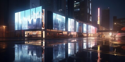 modern buildings in capital city with light reflection from puddles on street. by ai generative
