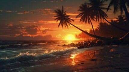 Fototapeta na wymiar Painting of Beautiful colorful sunset on tropical ocean beach with coconut palm trees silhouettes, Generative AI