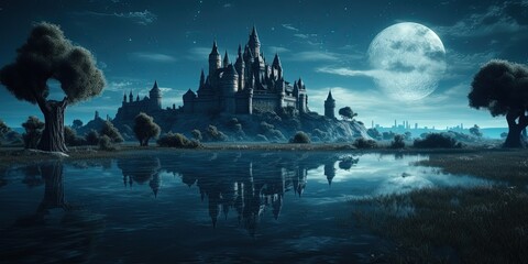 a blue night starry sky, a swamp in the foreground and large castles with glowing windows in the second by ai generative - obrazy, fototapety, plakaty