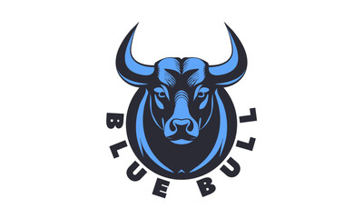 Vector simple graphic symmetrical logo. Powerful head of a blue bull with big horns on a white isolated background. Sticker or icon.