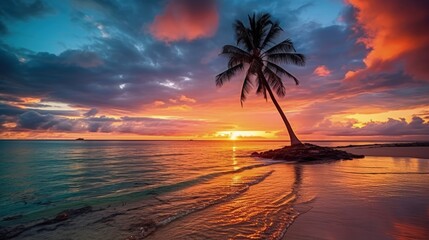 Obraz na płótnie Canvas Beautiful colorful sunset on tropical ocean beach with coconut palm trees silhouettes, Generative AI