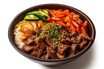 Bulgogi rice bowl is a gui made of thin marinated slice Food photography