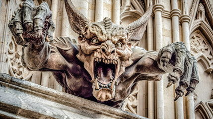 Fototapeta na wymiar Gargoyle, fantasy creature, sandstone, grotesque, figurative, sculpture, architectural ornament, cathedrals, gothic churches, stone, carving, symbol, protection, waterspout, architectural detail, myth