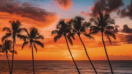 Fototapeta na wymiar Silhouette of palm trees Beautiful sunset on the tropical sea beach background, Generative AI
