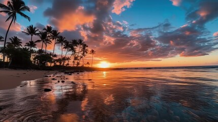 Fototapeta na wymiar Silhouette of palm trees Beautiful sunset on the tropical sea beach background, Generative AI