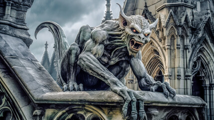Gargoyle, fantasy creature, sandstone, grotesque, figurative, sculpture, architectural ornament, cathedrals, gothic churches, stone, carving, symbol, protection, waterspout, architectural detail, myth - obrazy, fototapety, plakaty