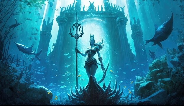Illustration of A statue of the Greek goddess with a shield and a trident, stands in an underwater city surrounded by fish and corals. ai generative