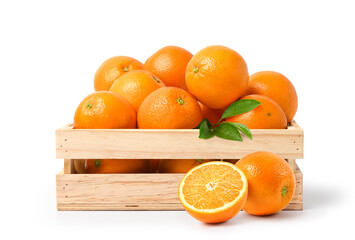 Fresh orange in wooden crate isolated on white background.
