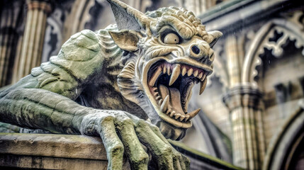 Fototapeta premium Gargoyle, fantasy creature, sandstone, grotesque, figurative, sculpture, architectural ornament, cathedrals, gothic churches, stone, carving, symbol, protection, waterspout, architectural detail, myth