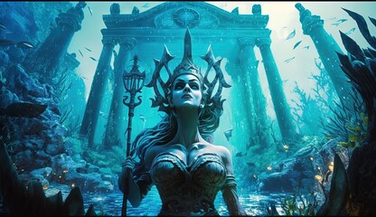 Illustration of close up a statue of the Greek goddess with a shield and a trident, stands in an underwater city surrounded by fish and corals. ai generative