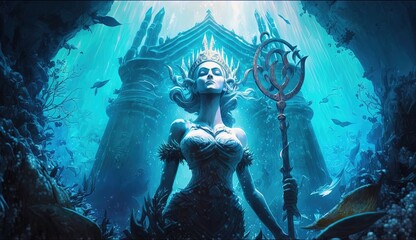 Illustration of close up a statue of the Greek goddess with a shield and a trident, stands in an underwater city surrounded by fish and corals. ai generative