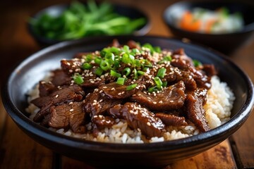 Bulgogi rice bowl is a gui made of thin marinated slice Food photography