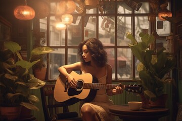 girl playing guitar - 605387514