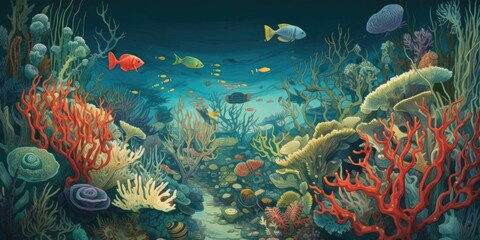 Obraz na płótnie Canvas Artful illustration of fantasy underwater life, colorful and impressionistic, Generative AI 
