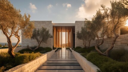 Modern white stone house on a sunny day Generative AI