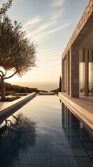 Modern white stone house with pool on a sunny day Generative AI