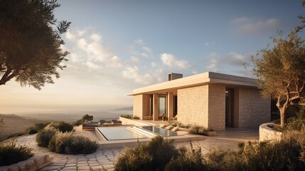 Modern white stone house with pool on a sunny day Generative AI