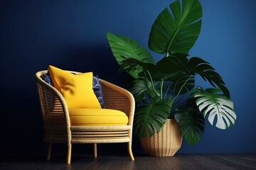 Fototapeta na wymiar Comfortable yellow armchair with pillows and monstera plant on blue wall background. 3d render