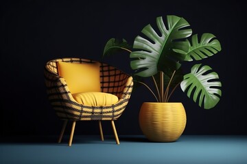 Comfortable yellow armchair with pillows and monstera plant on blue wall background. 3d render
