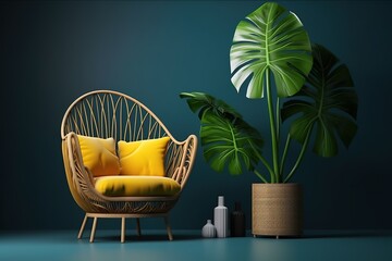 Comfortable yellow armchair with pillows and monstera plant on blue wall background. 3d render