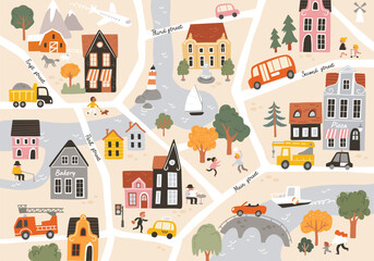 Cartoon childish city print. Vector childish seamless pattern with town symbols, cars, houses, buildings, trees, streets. City easy simple drawing map.