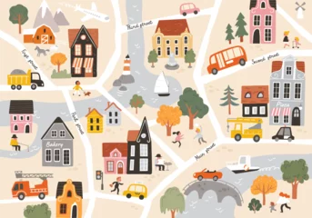 Papier Peint photo Chambre denfants Cartoon childish city print. Vector childish seamless pattern with town symbols, cars, houses, buildings, trees, streets. City easy simple drawing map.