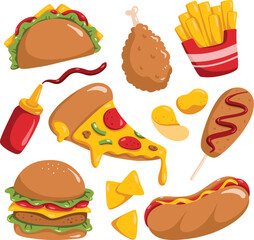 A collection of junk food including a burger, fries, and a hot dog.
