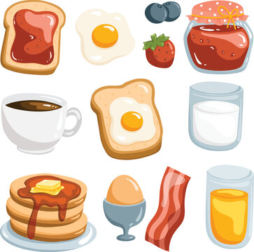 A cartoon drawing of breakfast items including eggs, bacon, eggs, bacon, toast, and coffee.