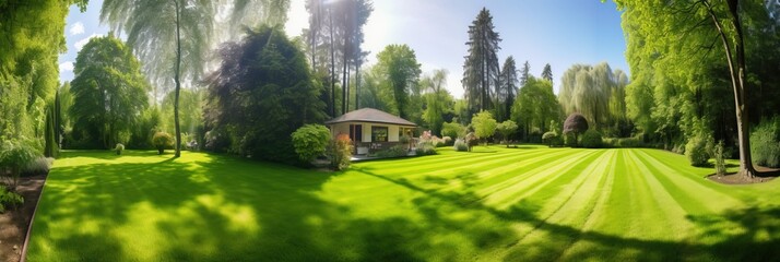 Long green garden of a house on a beautiful day Generative AI