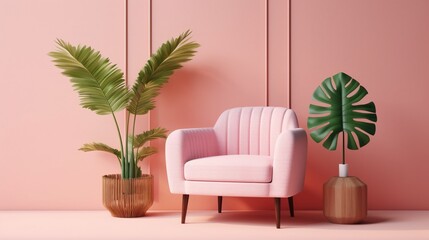 3d rendering of pink wicker armchair and plant in vase