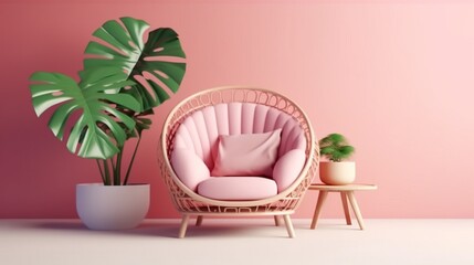 Pink armchair with monstera leaf in the living room. 3d rendering