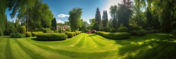 Long green garden of a house on a beautiful day Generative AI