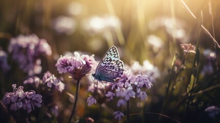 Butterfly flying over pink plants on a blurred background Generative AI