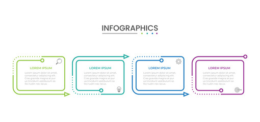 Business infographic thin line process with square template design with icons and 4 options or steps. Vector illustration.