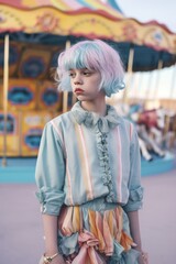 Sad moody kid on a colorful merry go round. Colorful carousel, pastel retro mood. Dreamy vibe. Generated AI.