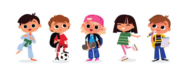 Group of school kids. Children's activities. Boys and girls with school supplies and sport equipment. © olgache