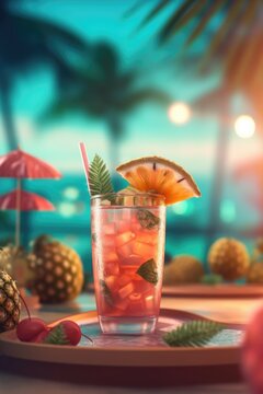 Refreshing summer drink cocktail with ice on pastel background. Summer time, beach, pool, drink, fruits. Generated AI.