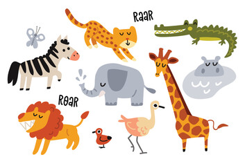 Set of animals in cute childish style. Savannah animals. Gunny colourful characters. Collection of cartoon animals.