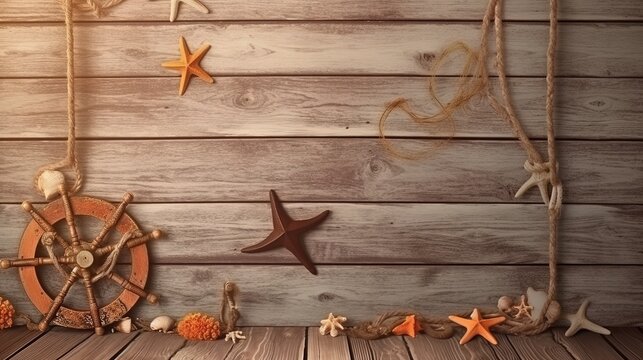 Background of wooden planks. Wooden structure. Wood texture. Wooden background with suspended lifebuoy, shell, fishing net, starfish, sticks with hook, empty space for writing in the center