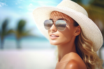 Woman in a hat and sunglasses on the beach. AI